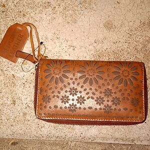 Leather floral embossed zip pocket wallet NWOT